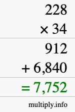 How to calculate 228 times 34 using long multiplication