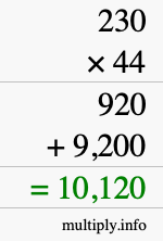 How to calculate 230 times 44 using long multiplication