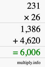 How to calculate 231 times 26 using long multiplication