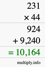 How to calculate 231 times 44 using long multiplication