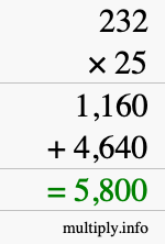 How to calculate 232 times 25 using long multiplication How to calculate 232 times 25 using long multiplication