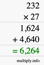 How to calculate 232 times 27 using long multiplication