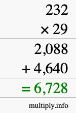 How to calculate 232 times 29 using long multiplication