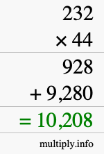 How to calculate 232 times 44 using long multiplication