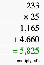 How to calculate 233 times 25 using long multiplication