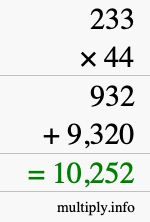 How to calculate 233 times 44 using long multiplication