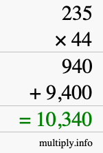 How to calculate 235 times 44 using long multiplication