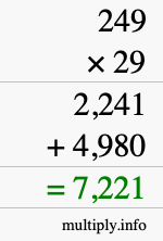 How to calculate 249 times 29 using long multiplication