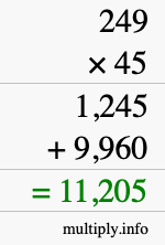 How to calculate 249 times 45 using long multiplication
