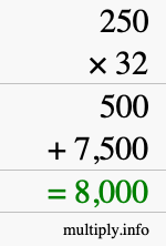 How to calculate 250 times 32 using long multiplication