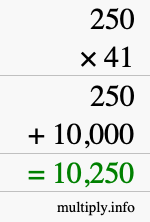 How to calculate 250 times 41 using long multiplication