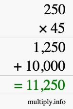 How to calculate 250 times 45 using long multiplication