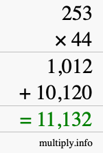 How to calculate 253 times 44 using long multiplication