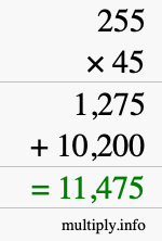 How to calculate 255 times 45 using long multiplication