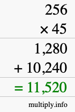 How to calculate 256 times 45 using long multiplication