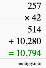 How to calculate 257 times 42 using long multiplication