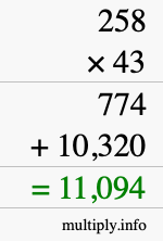 How to calculate 258 times 43 using long multiplication