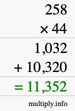 How to calculate 258 times 44 using long multiplication