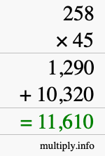 How to calculate 258 times 45 using long multiplication