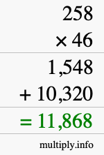 How to calculate 258 times 46 using long multiplication