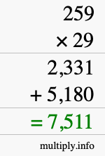 How to calculate 259 times 29 using long multiplication