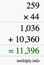 How to calculate 259 times 44 using long multiplication