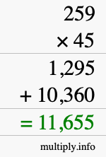 How to calculate 259 times 45 using long multiplication