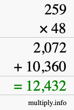 How to calculate 259 times 48 using long multiplication
