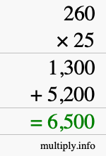 How to calculate 260 times 25 using long multiplication How to calculate 260 times 25 using long multiplication