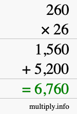 How to calculate 260 times 26 using long multiplication