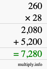 How to calculate 260 times 28 using long multiplication How to calculate 260 times 28 using long multiplication