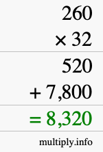 How to calculate 260 times 32 using long multiplication How to calculate 260 times 32 using long multiplication