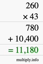 How to calculate 260 times 43 using long multiplication