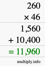 How to calculate 260 times 46 using long multiplication
