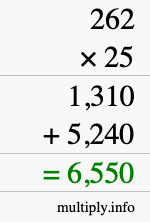 How to calculate 262 times 25 using long multiplication How to calculate 262 times 25 using long multiplication