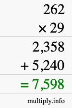 How to calculate 262 times 29 using long multiplication