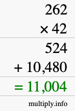 How to calculate 262 times 42 using long multiplication