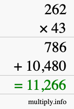 How to calculate 262 times 43 using long multiplication