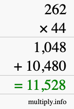 How to calculate 262 times 44 using long multiplication