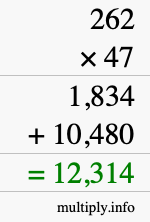 How to calculate 262 times 47 using long multiplication