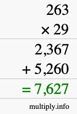 How to calculate 263 times 29 using long multiplication