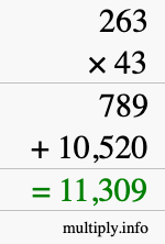 How to calculate 263 times 43 using long multiplication