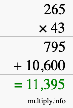 How to calculate 265 times 43 using long multiplication