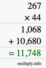 How to calculate 267 times 44 using long multiplication
