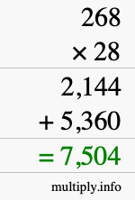 How to calculate 268 times 28 using long multiplication