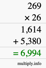 How to calculate 269 times 26 using long multiplication