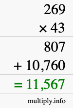 How to calculate 269 times 43 using long multiplication