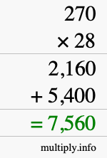 How to calculate 270 times 28 using long multiplication