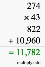 How to calculate 274 times 43 using long multiplication