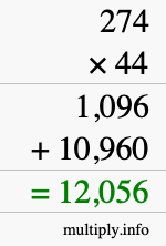 How to calculate 274 times 44 using long multiplication